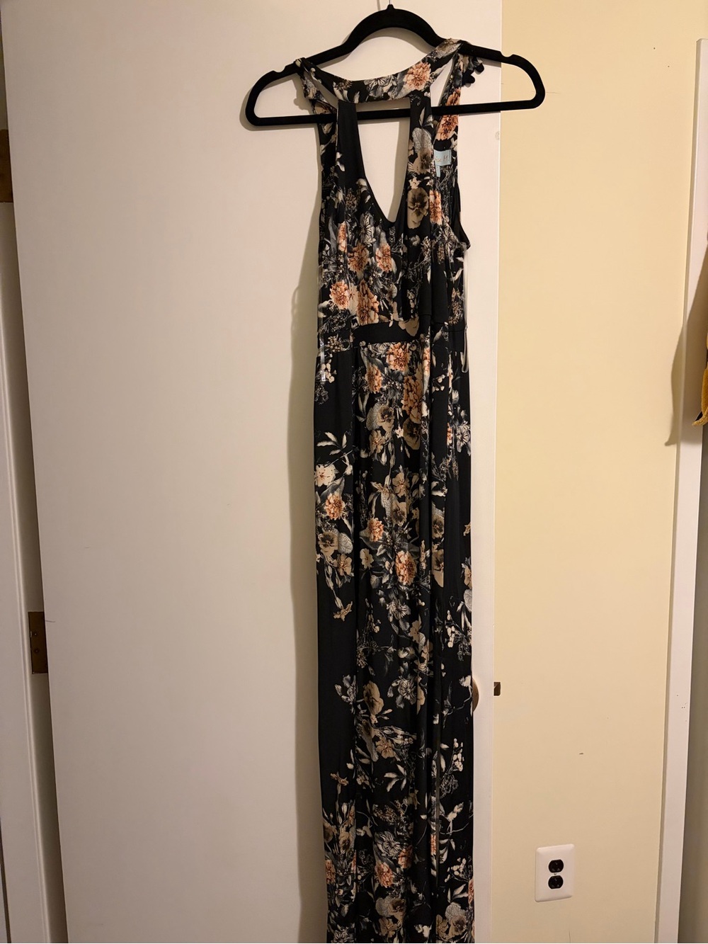Floral Black Maxi Dress with Peach Accents